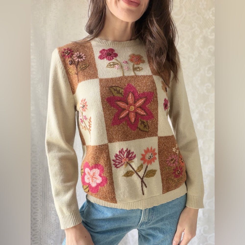 Vintage 90s Floral Patchwork Sweater Alfred Dunner Silk Blend - Picture 13 of 13